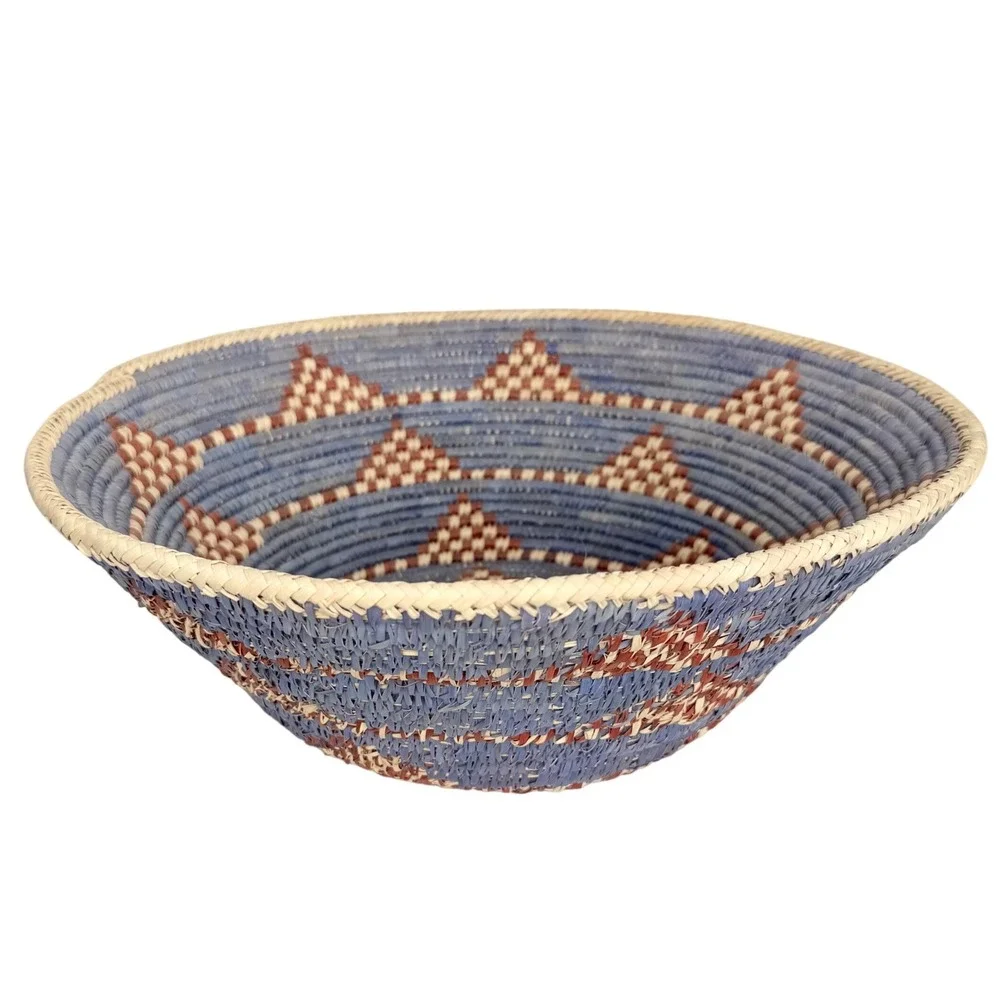 Large Handwoven Coil Basket Bowl Blue Geometric Boho African Decor 15 in Vintae